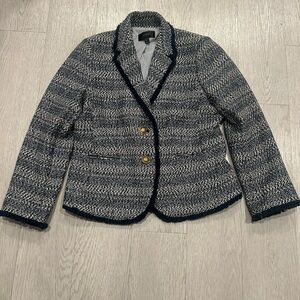 J Crew Tweed Navy Fringe Gold Crest Button Jacket Blazer Size 10